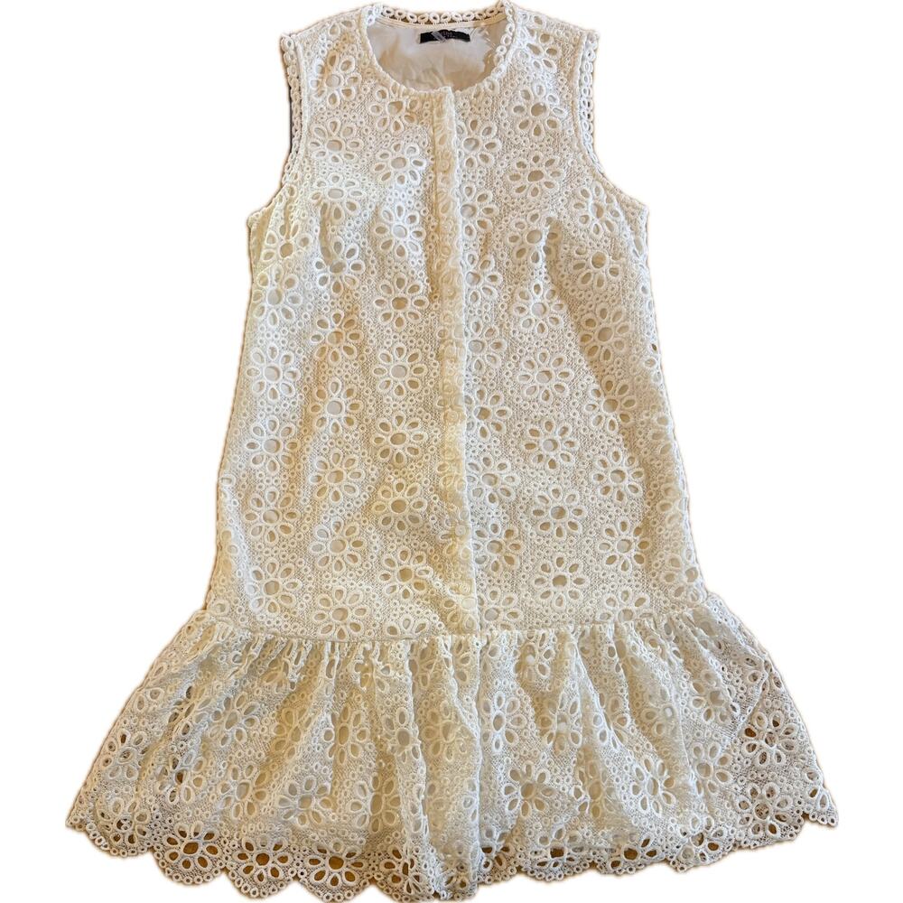 Trina Turk Dress Womens Size‎ S White Floral Eyelet Shift Ruffle Hem Knee